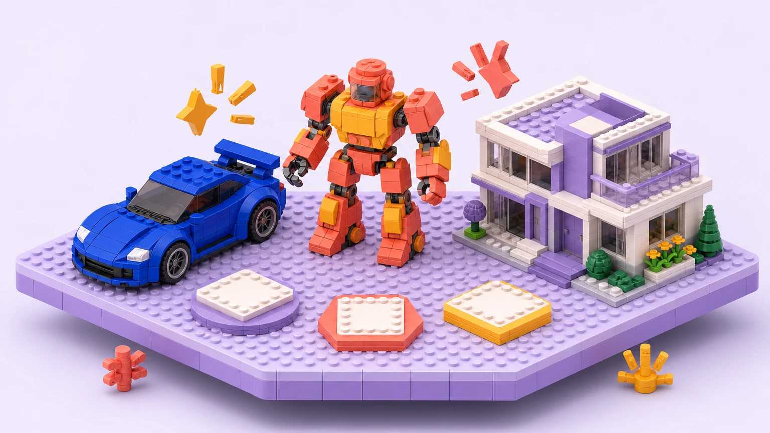 Isometric brick car, mech and building prompt examples