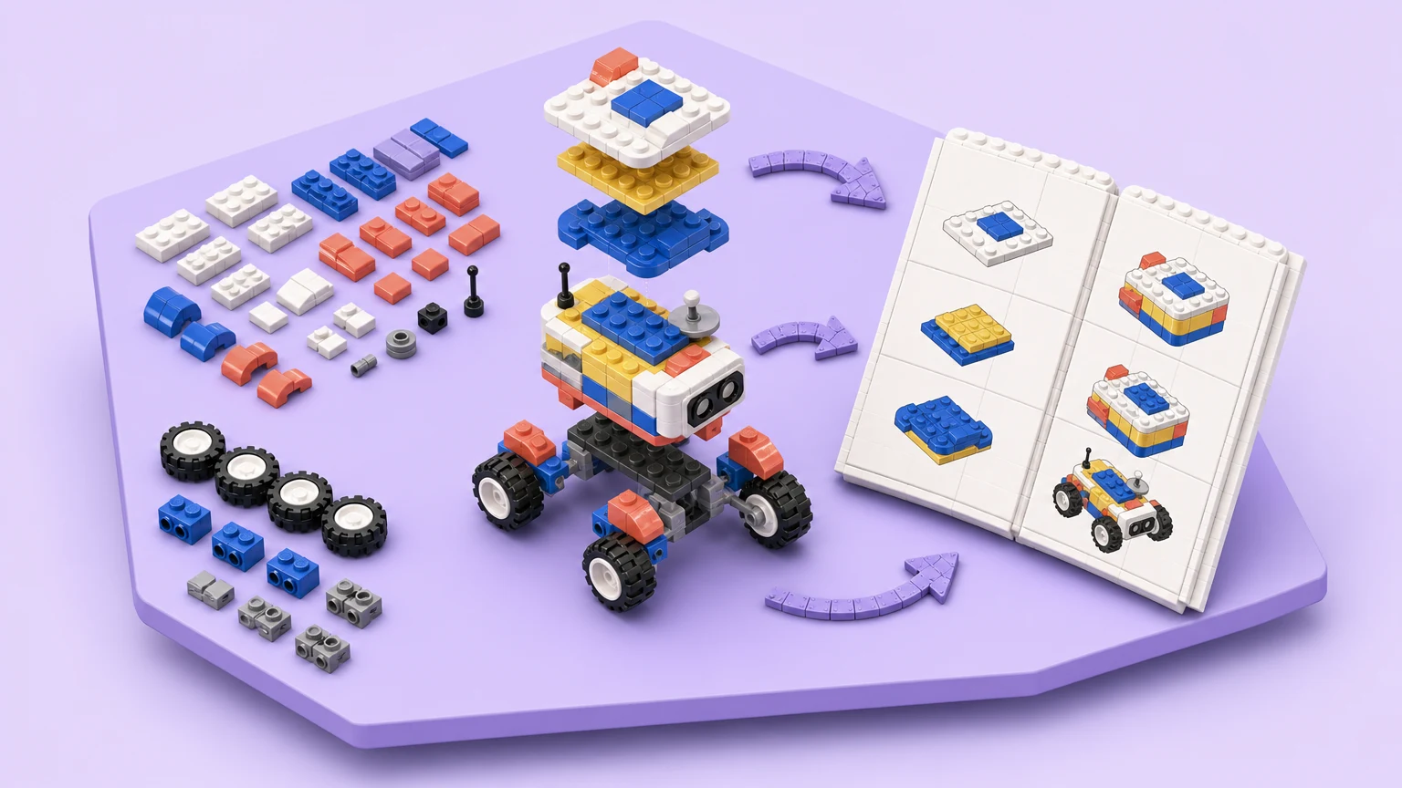 Brick parts, assembly stages and an instruction booklet