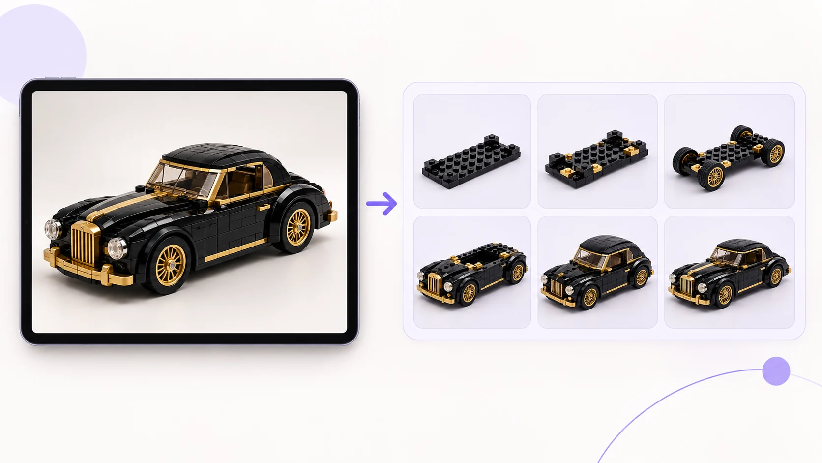 A finished black and gold brick-model photo beside progressive AI visual assembly stages