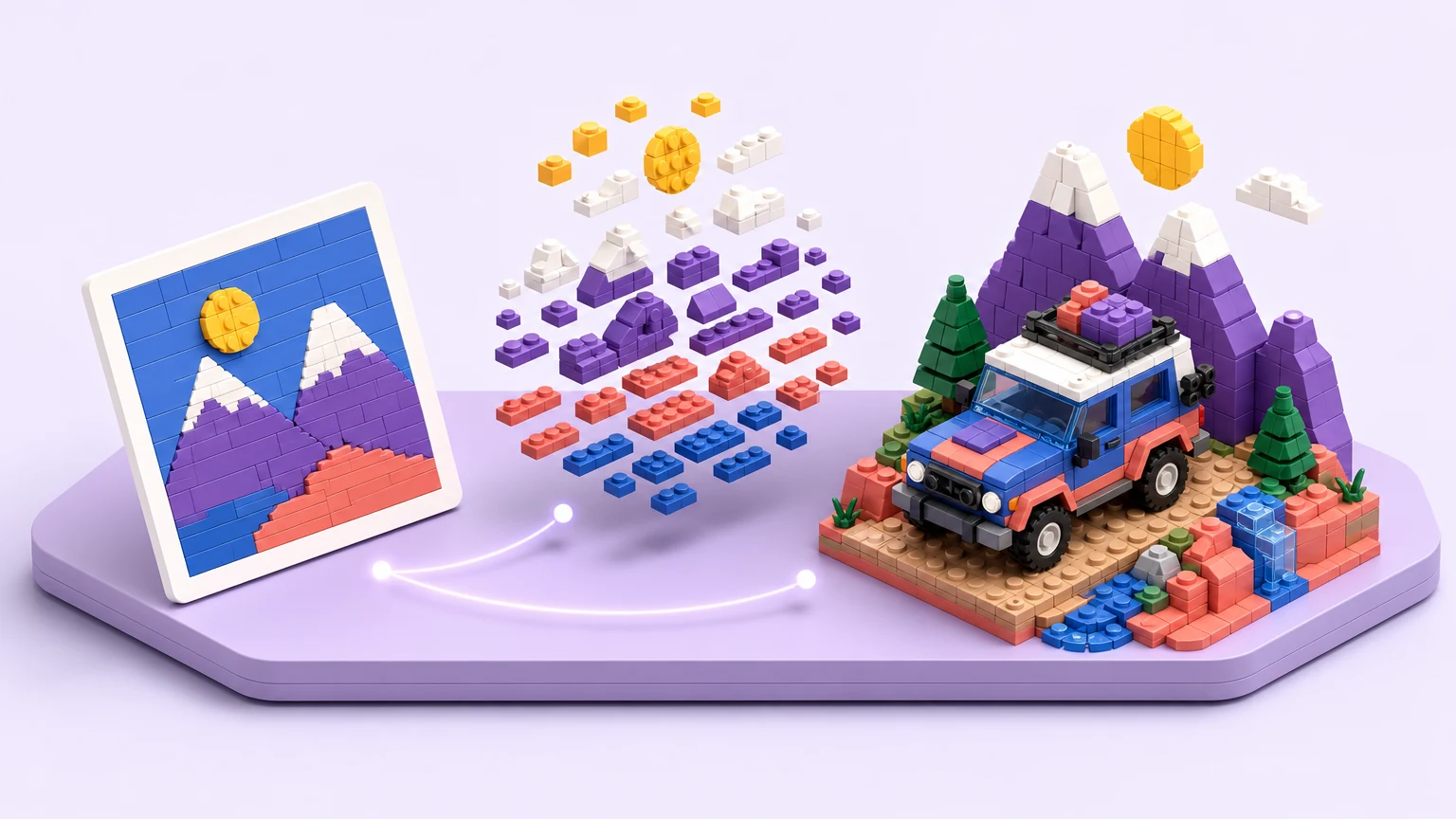 A model photo transforming into organized bricks and a finished build